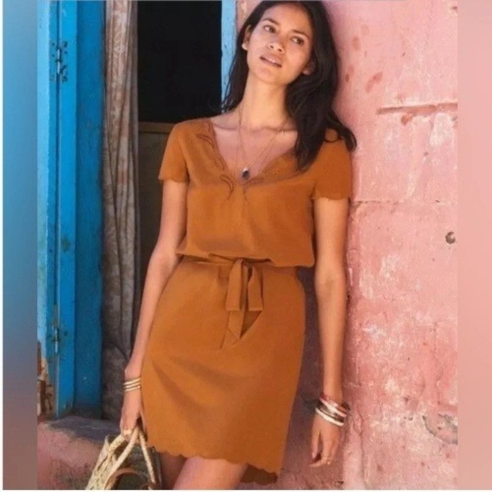 Sezane Annabella  Belted Silk Dress in Tabac/Tobacco Brown V-Neck Sz FR 34/US 2